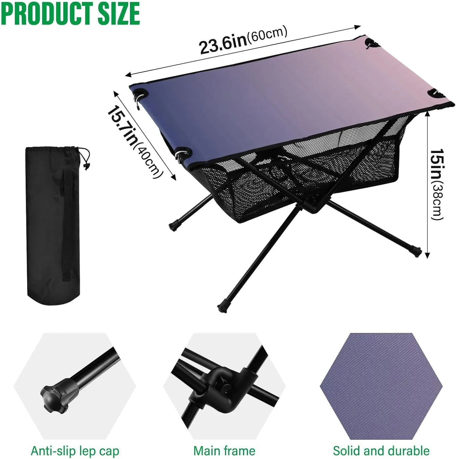 Emelivor Purple Pink Gradient Folding Camping Table Portable Beach Table with Carry Bag Small Picnic Table for Camping BBQ Hiking Outdoor Travel