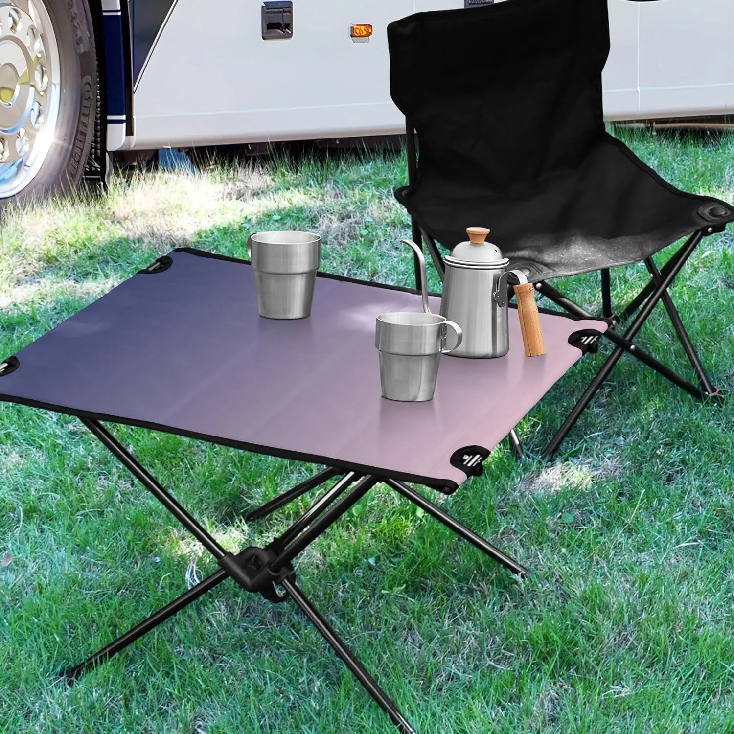 Emelivor Purple Pink Gradient Folding Camping Table Portable Beach Table with Carry Bag Small Picnic Table for Camping BBQ Hiking Outdoor Travel
