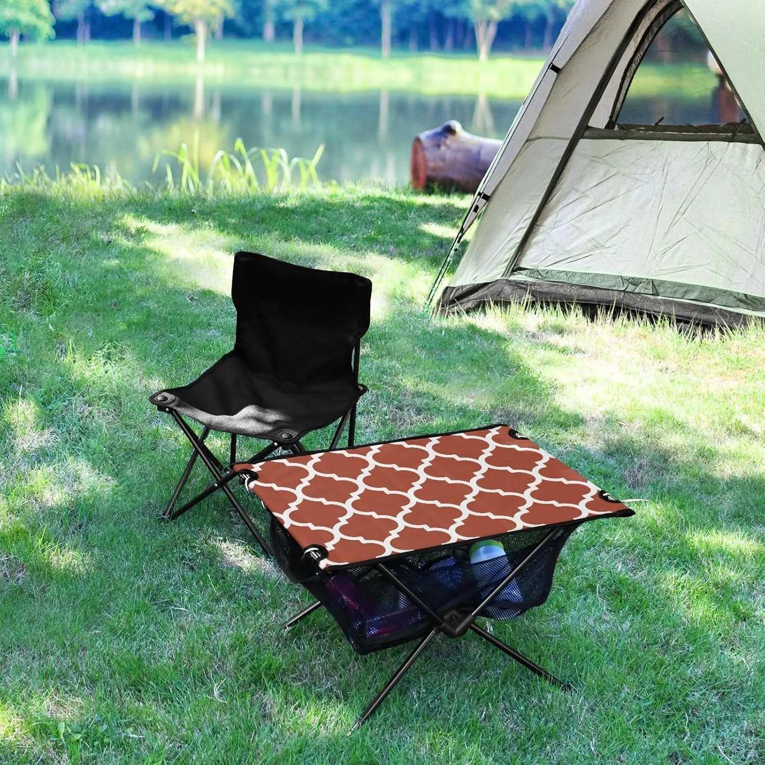 Emelivor Rooibos Tea Red Geometric Morocco Folding Camping Table Portable Beach Table with Carry Bag Small Foldable Table for Camping BBQ Hiking Outdoor Travel
