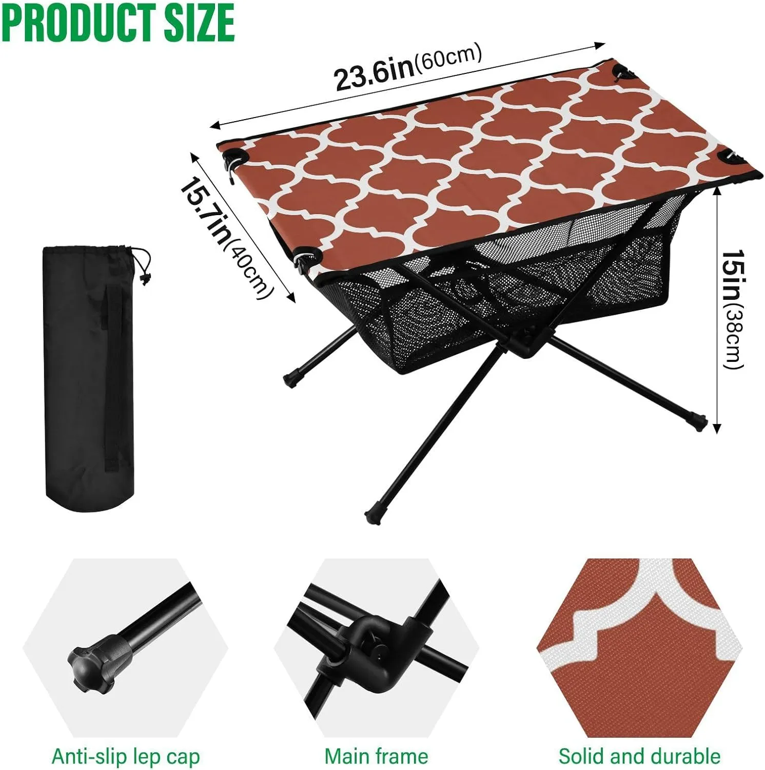 Emelivor Rooibos Tea Red Geometric Morocco Folding Camping Table Portable Beach Table with Carry Bag Small Foldable Table for Camping BBQ Hiking Outdoor Travel