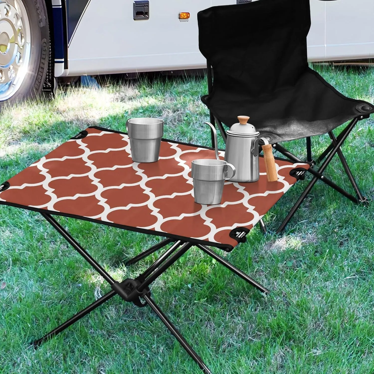Emelivor Rooibos Tea Red Geometric Morocco Folding Camping Table Portable Beach Table with Carry Bag Small Foldable Table for Camping BBQ Hiking Outdoor Travel