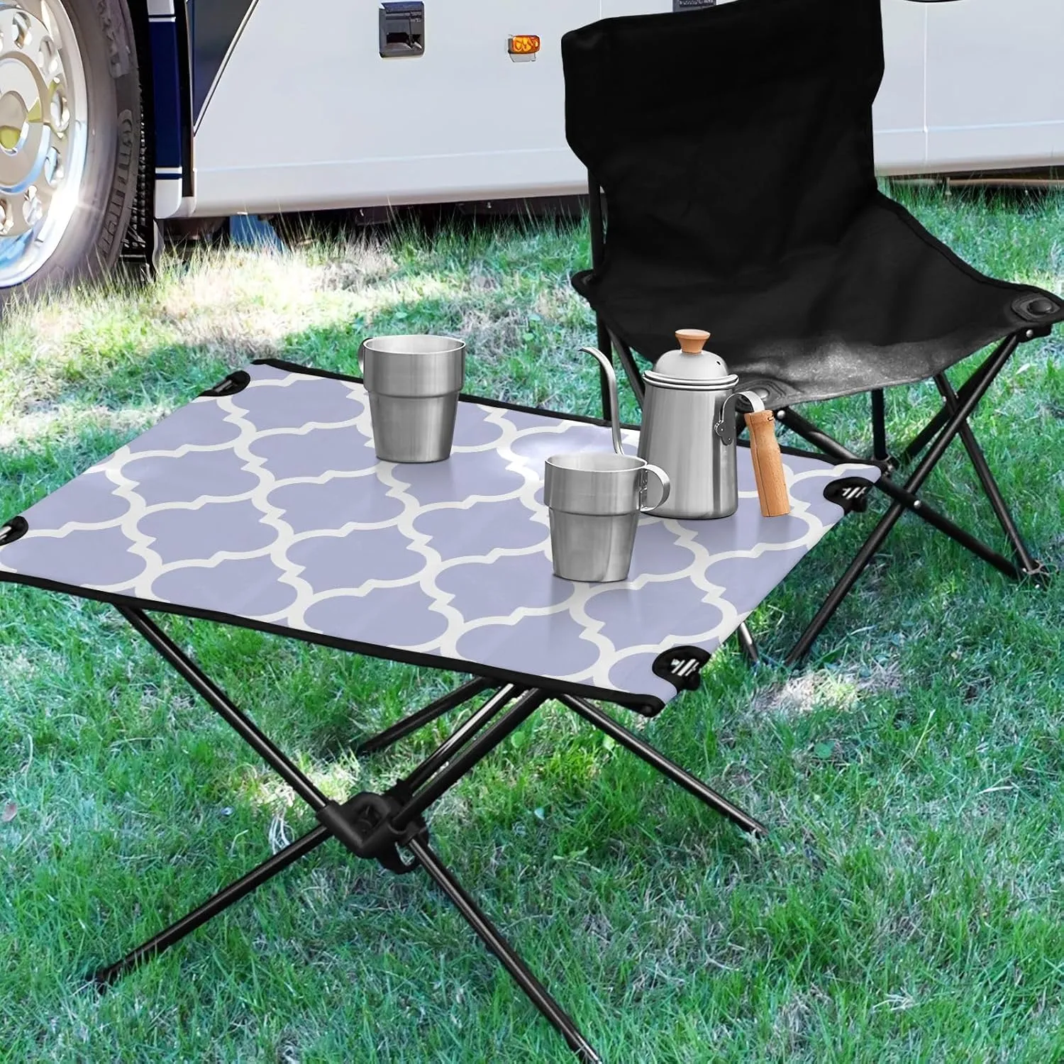 Emelivor Wisteria Purple Geometric Morocco Folding Camping Table Portable Beach Table with Carry Bag Small Craft Table for Camping Hiking Picnic Cooking Travel