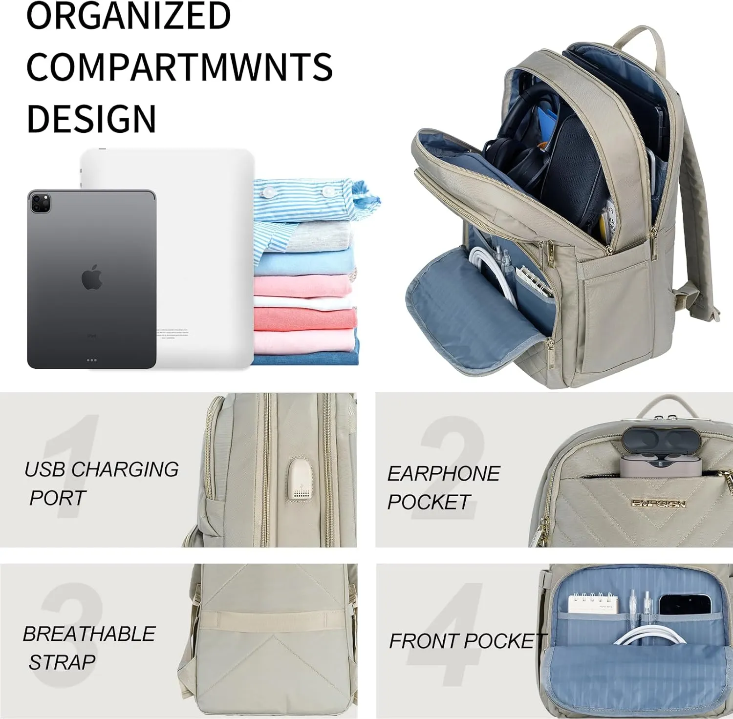 EMPSIGN Laptop Backpack Purse for Women and Men with USB Charging Port, 15.6 Inch Travel Water Resistant Quilted Backpack, High-Capacity 30L Work Business Computer Backpack, Quilted Light khaki