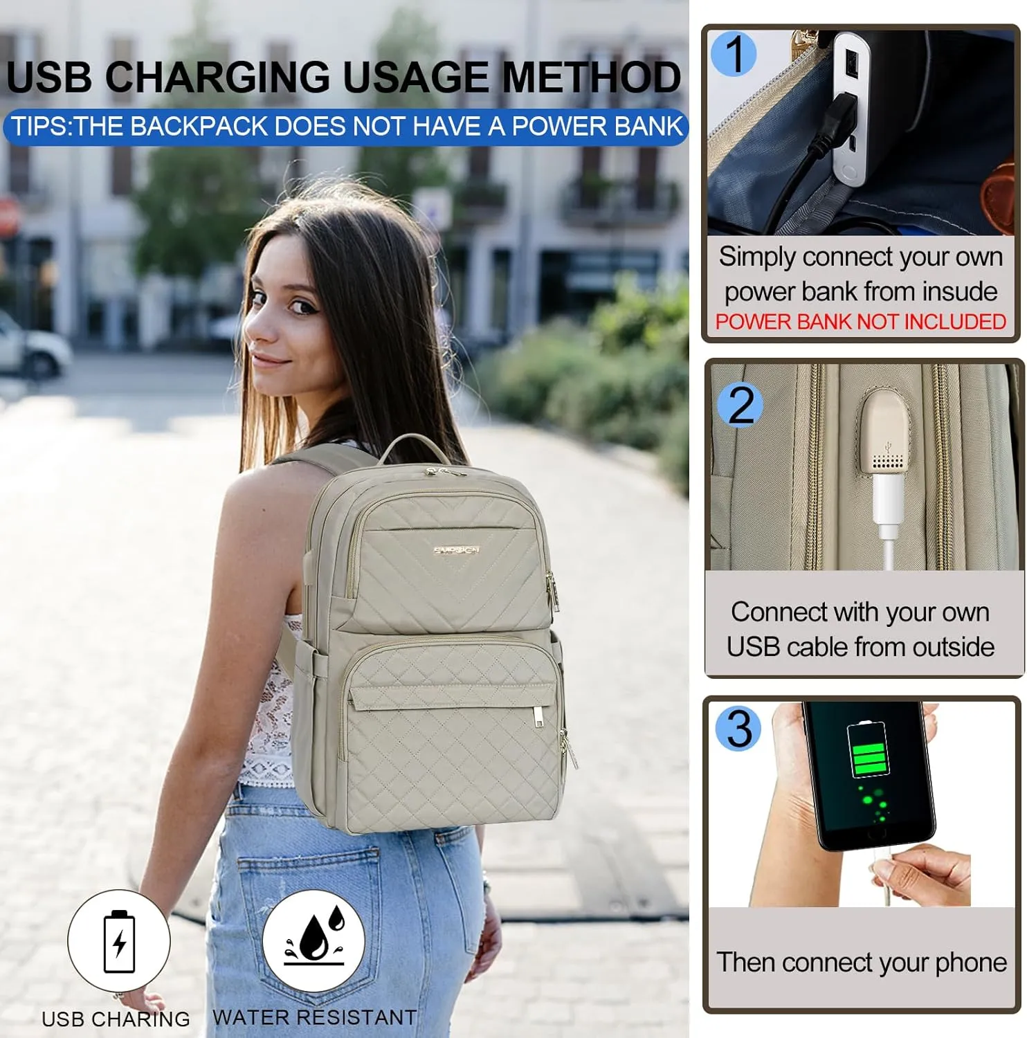 EMPSIGN Laptop Backpack Purse for Women and Men with USB Charging Port, 15.6 Inch Travel Water Resistant Quilted Backpack, High-Capacity 30L Work Business Computer Backpack, Quilted Light khaki