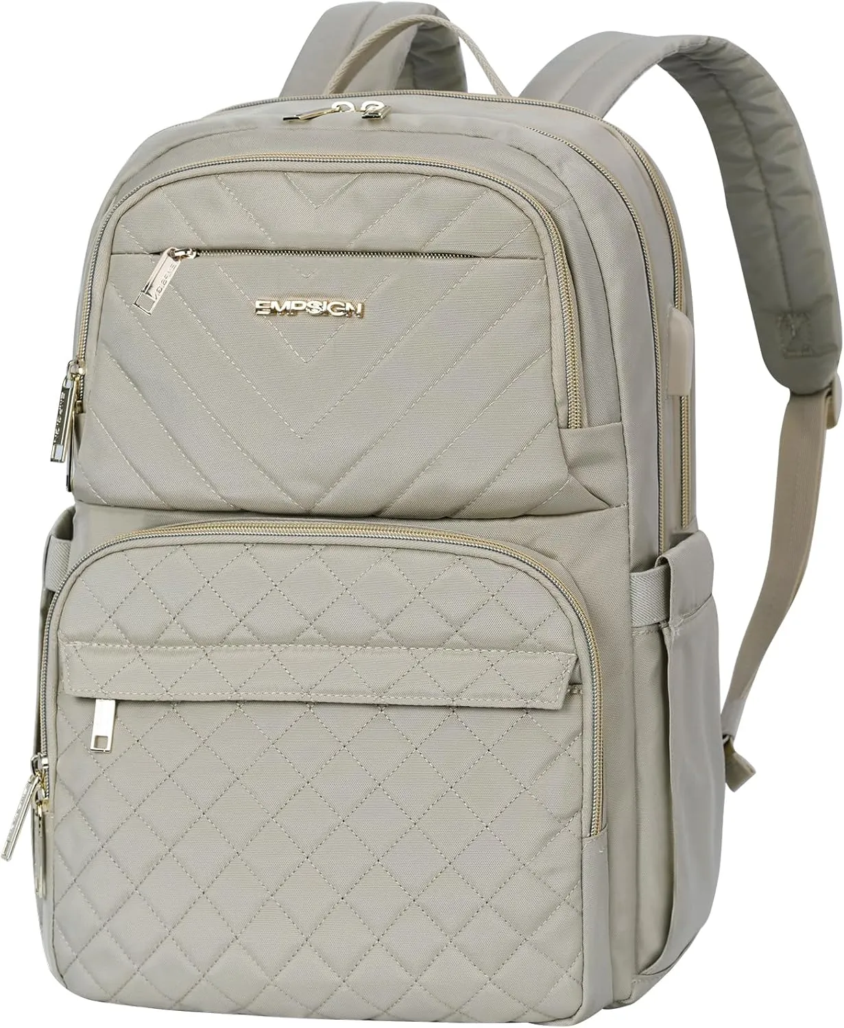 EMPSIGN Laptop Backpack Purse for Women and Men with USB Charging Port, 15.6 Inch Travel Water Resistant Quilted Backpack, High-Capacity 30L Work Business Computer Backpack, Quilted Light khaki