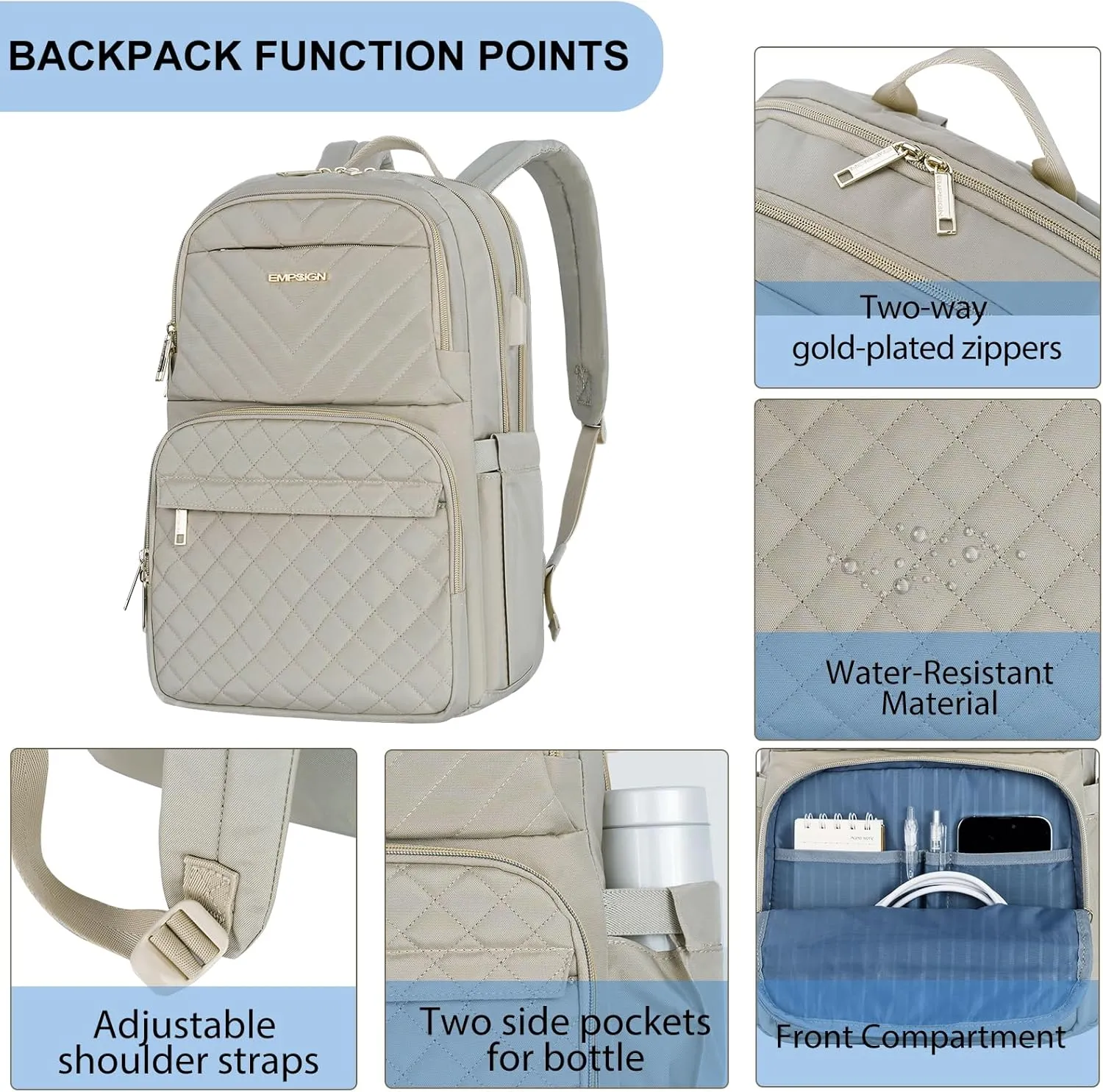 EMPSIGN Laptop Backpack Purse for Women and Men with USB Charging Port, 15.6 Inch Travel Water Resistant Quilted Backpack, High-Capacity 30L Work Business Computer Backpack, Quilted Light khaki