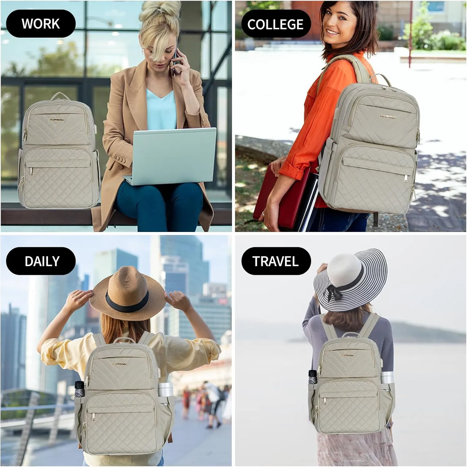 EMPSIGN Laptop Backpack Purse for Women and Men with USB Charging Port, 15.6 Inch Travel Water Resistant Quilted Backpack, High-Capacity 30L Work Business Computer Backpack, Quilted Light khaki