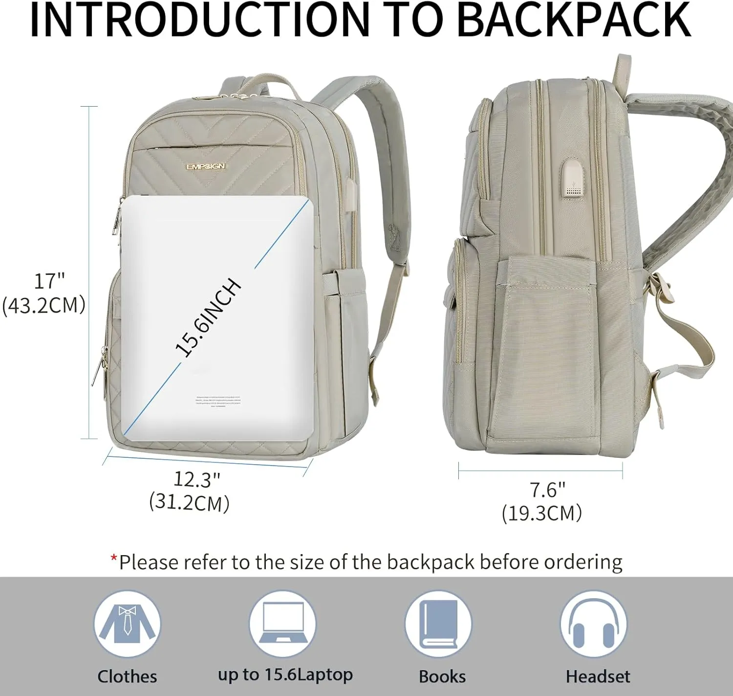 EMPSIGN Laptop Backpack Purse for Women and Men with USB Charging Port, 15.6 Inch Travel Water Resistant Quilted Backpack, High-Capacity 30L Work Business Computer Backpack, Quilted Light khaki