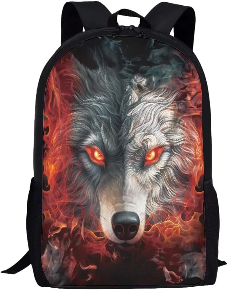 ENLACHIC Kids Cool 3D Fire Wolf Print Backpacks for School Travel Bookbag School Bag Laptop Backpack Casual Daypack