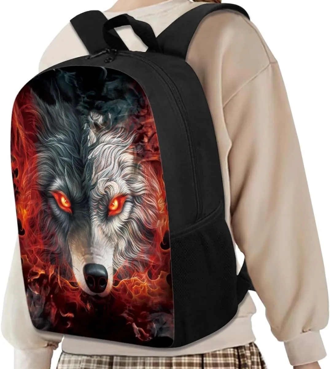 ENLACHIC Kids Cool 3D Fire Wolf Print Backpacks for School Travel Bookbag School Bag Laptop Backpack Casual Daypack