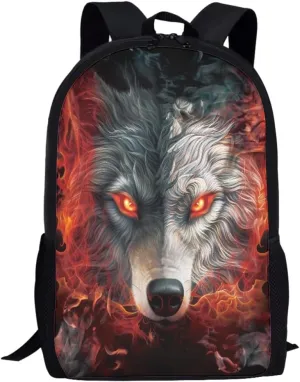 ENLACHIC Kids Cool 3D Fire Wolf Print Backpacks for School Travel Bookbag School Bag Laptop Backpack Casual Daypack