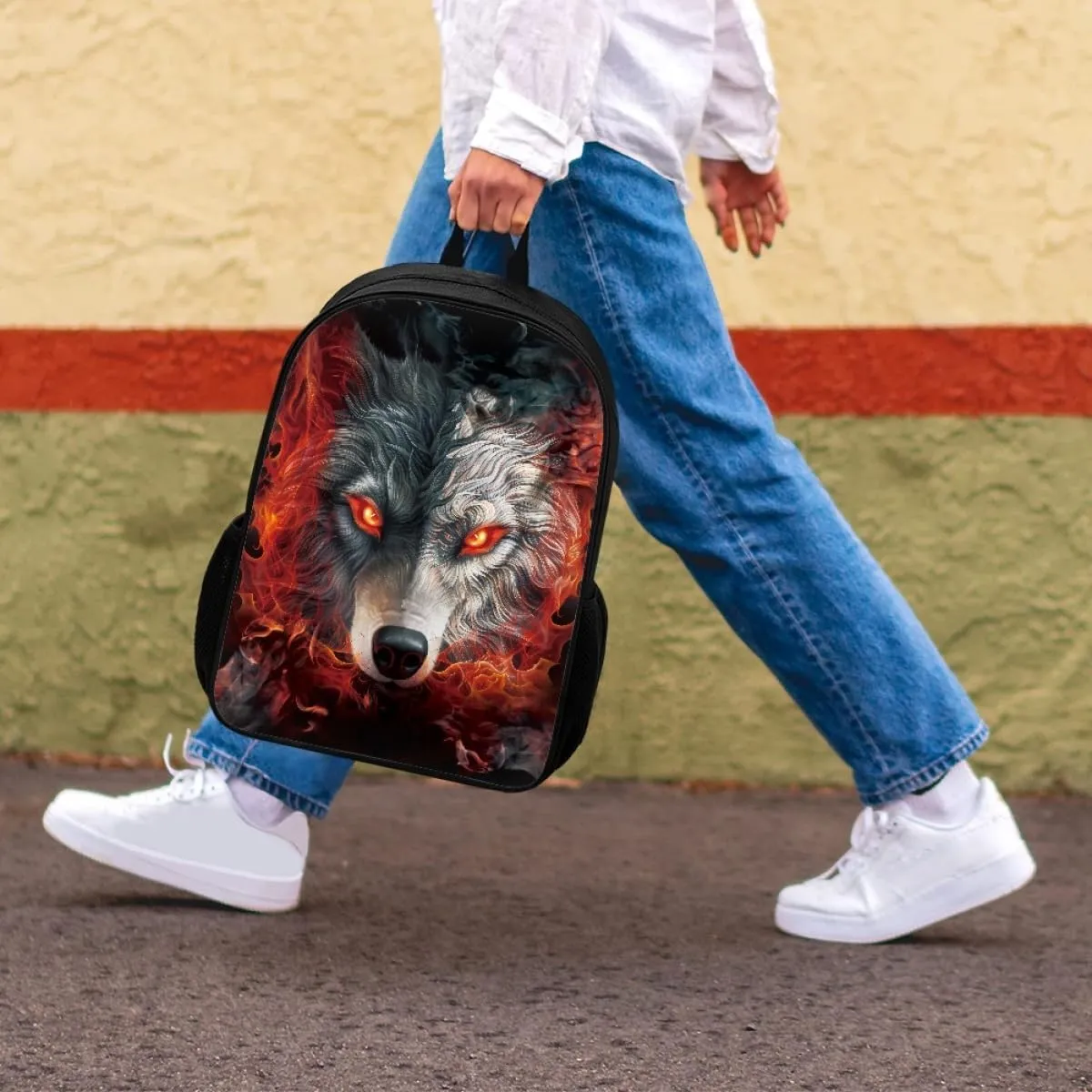 ENLACHIC Kids Cool 3D Fire Wolf Print Backpacks for School Travel Bookbag School Bag Laptop Backpack Casual Daypack