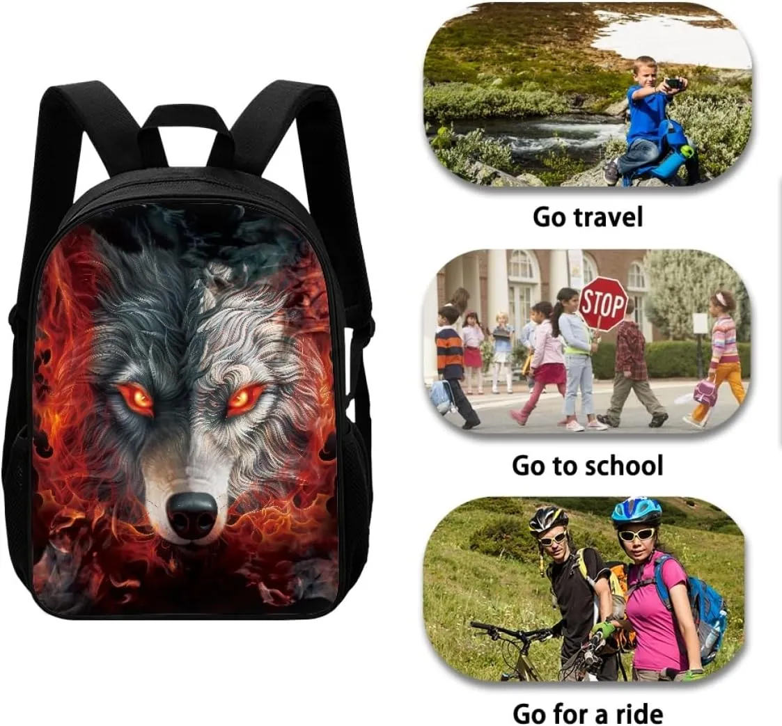 ENLACHIC Kids Cool 3D Fire Wolf Print Backpacks for School Travel Bookbag School Bag Laptop Backpack Casual Daypack