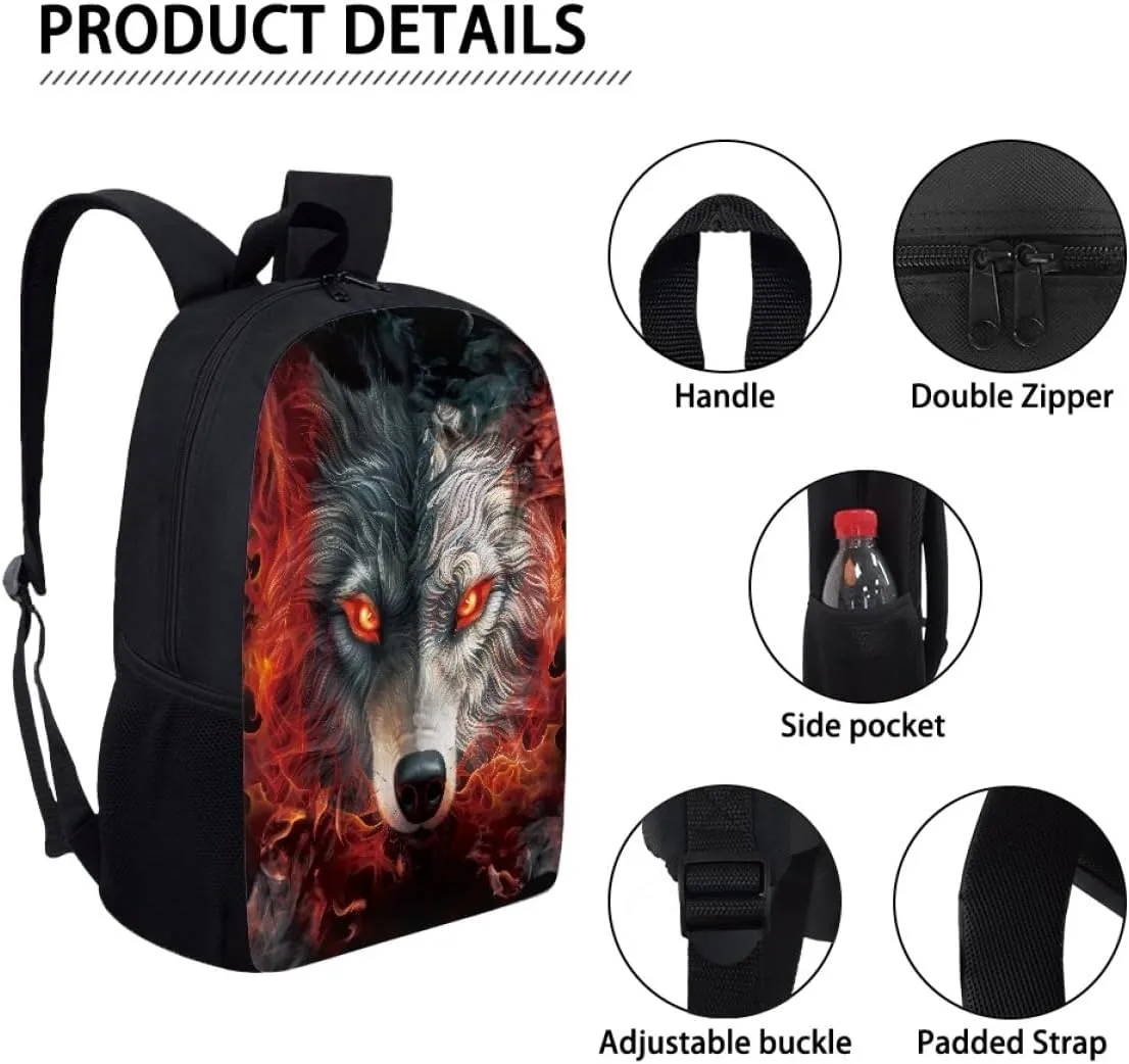ENLACHIC Kids Cool 3D Fire Wolf Print Backpacks for School Travel Bookbag School Bag Laptop Backpack Casual Daypack