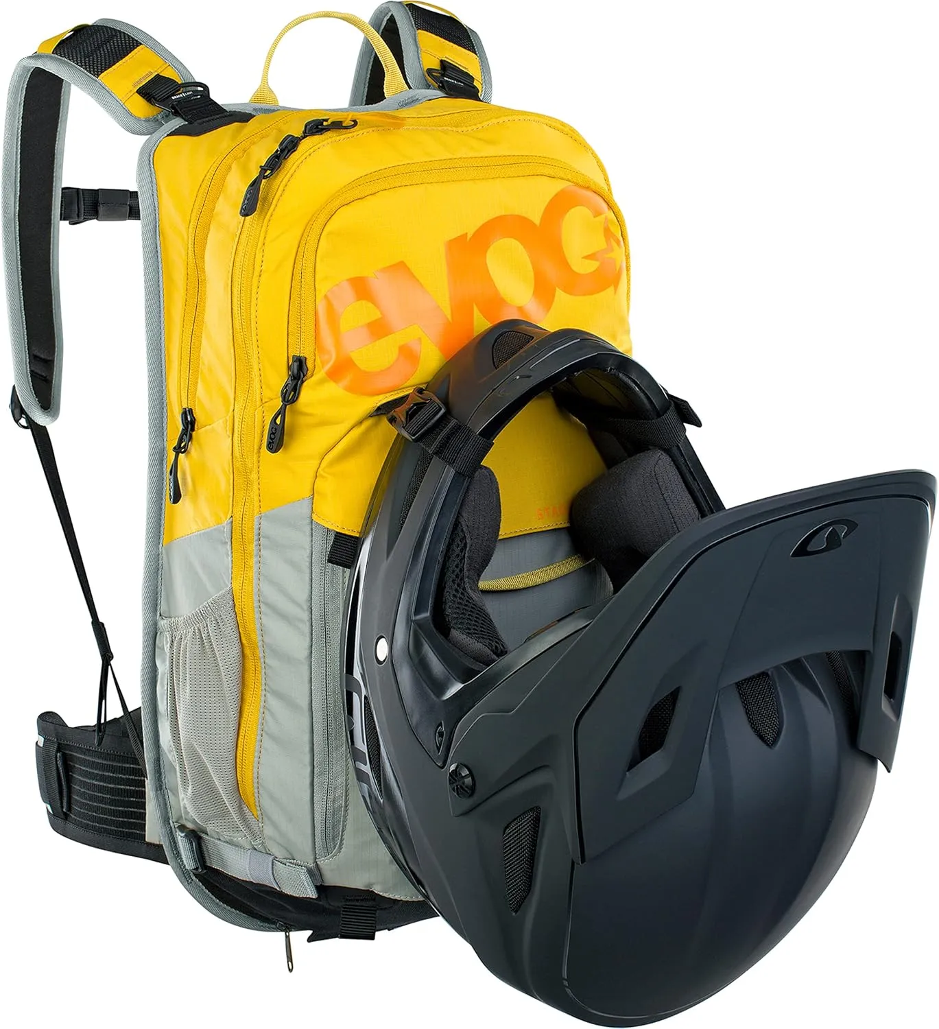 EVOC STAGE 18 technical daypack for bike tours and trails (huge storage space, well thought-out pocket management, maximum back ventilation, adjustable shoulder straps), Curry/Stone