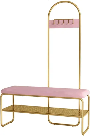 Exquisite Clothes Rail Rack Coat Rack Stand Clothes Rack Stand, Rustproof Metal Hanger With Bench, Ideal For Hall Bedroom Entryway Office for Garment Shoe Hat Handbag Storage, Easy Assembly