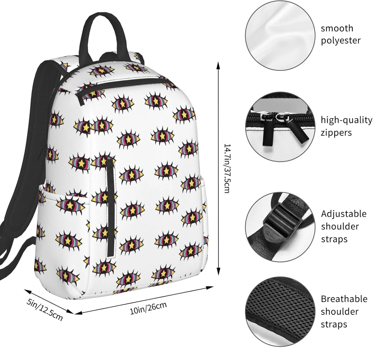 Fantasy Cute Cartoon Eyes Casual Backpacks Large Capacity Laptop Backpack Sports Fitness Rucksack Travel Carry-On Daypack Adjustable Shoulder Strap Work Bag for Outdoor Camping