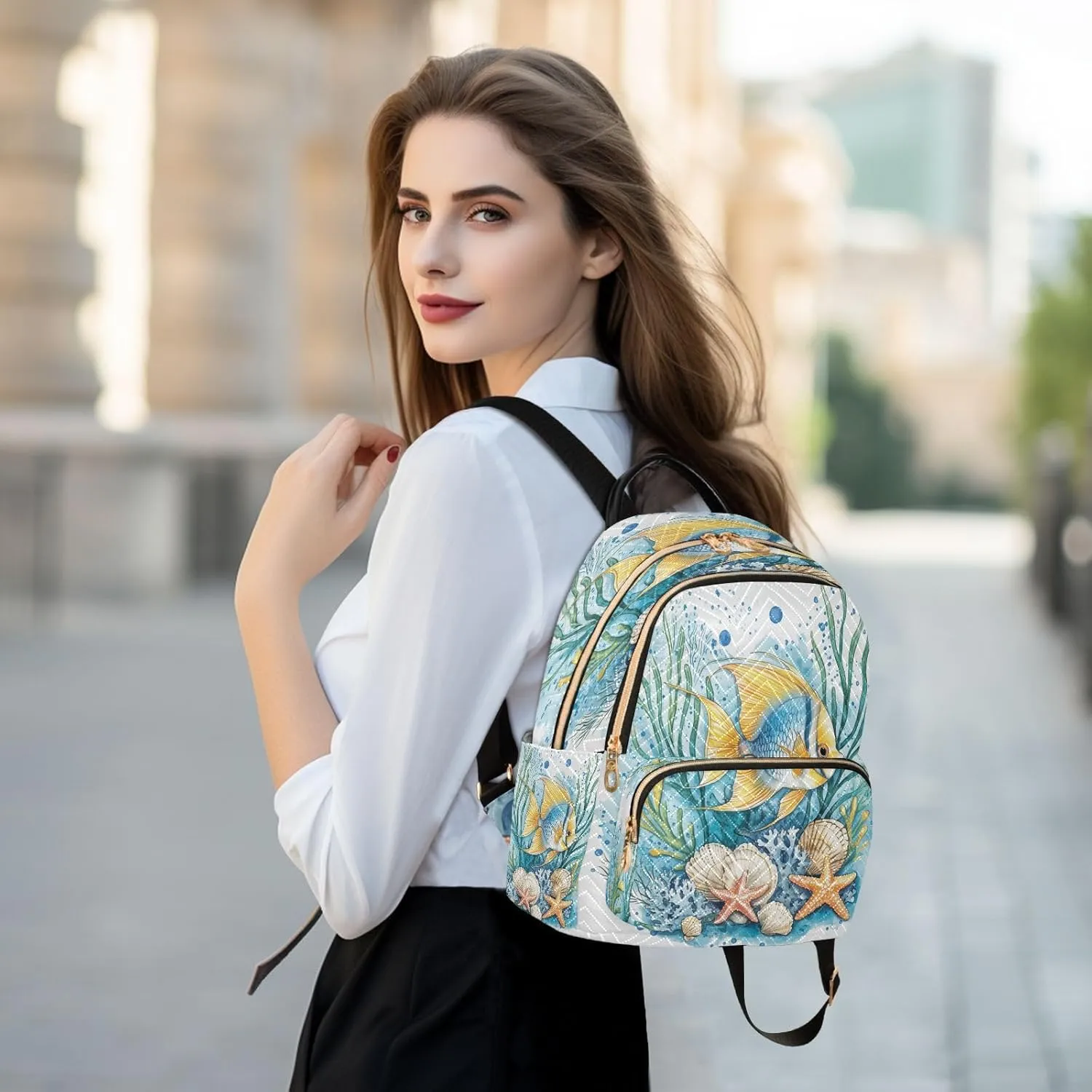 Fish Seaweed Starfish Blue Backpack Purse for Women Shoulder Bag with Anti-theft Back for Hiking M
