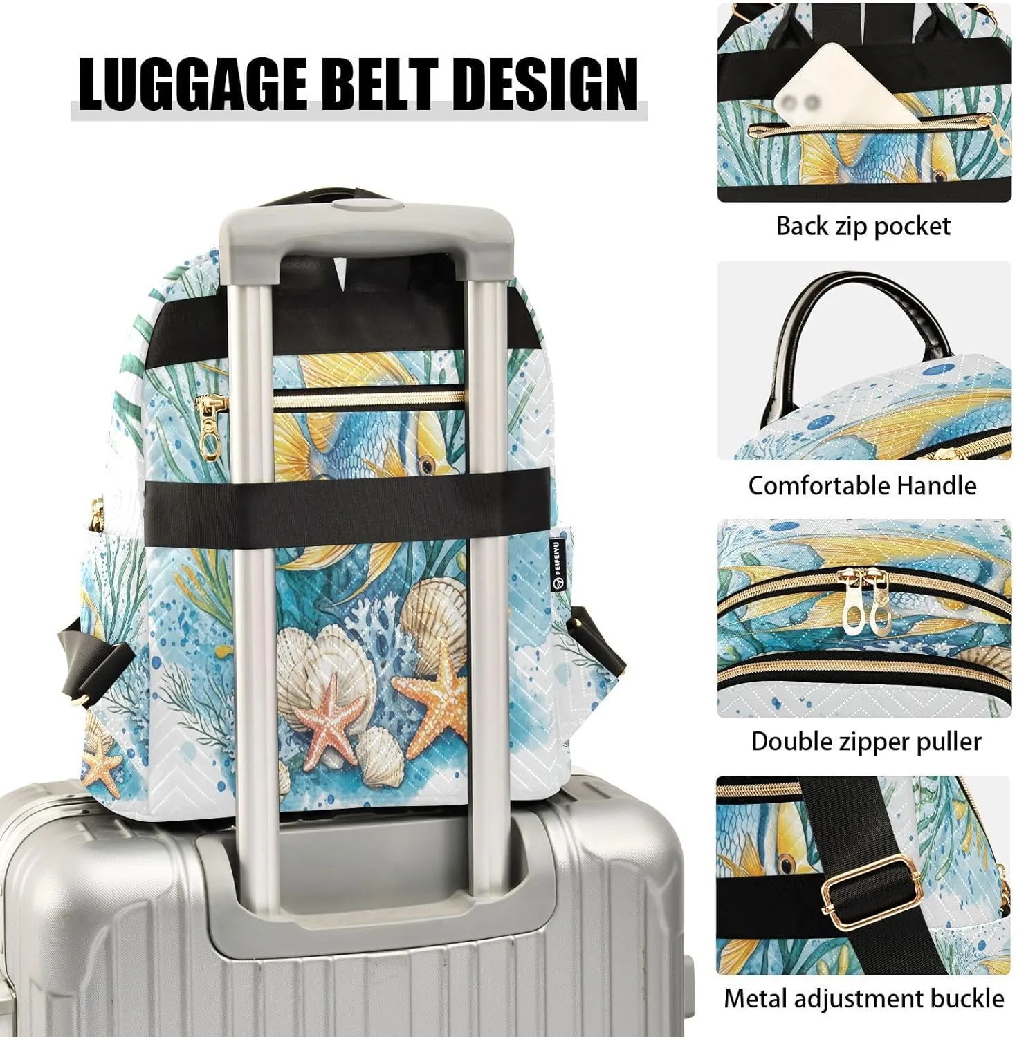Fish Seaweed Starfish Blue Backpack Purse for Women Shoulder Bag with Anti-theft Back for Hiking M