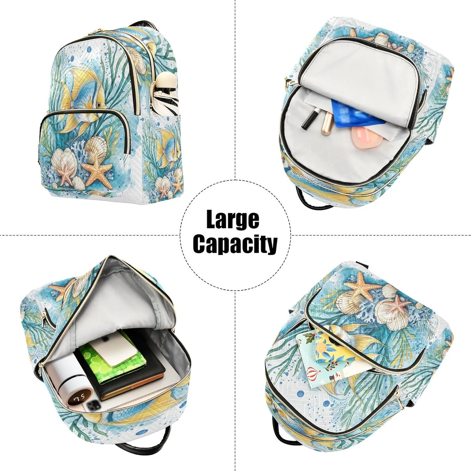 Fish Seaweed Starfish Blue Backpack Purse for Women Shoulder Bag with Anti-theft Back for Hiking M