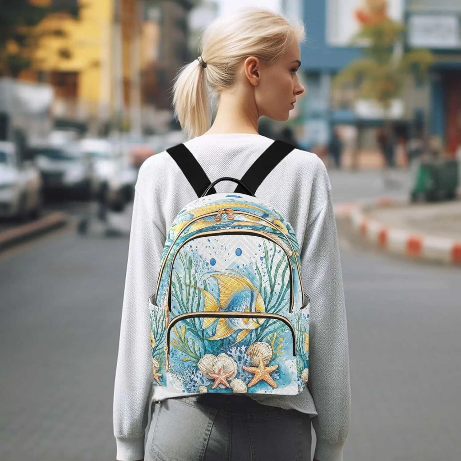 Fish Seaweed Starfish Blue Backpack Purse for Women Shoulder Bag with Anti-theft Back for Hiking M