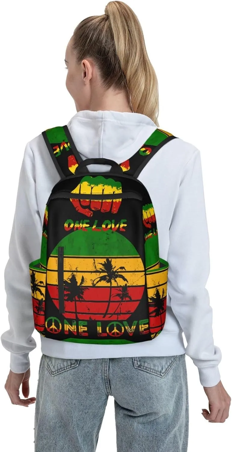 Fist One Loves Rasta Reggae Jamaica Roots Casual Backpacks Laptop Backpack Outdoor Travel Rucksack Sport Carry-On Daypack Lightweight Bag with Multi-Pockets