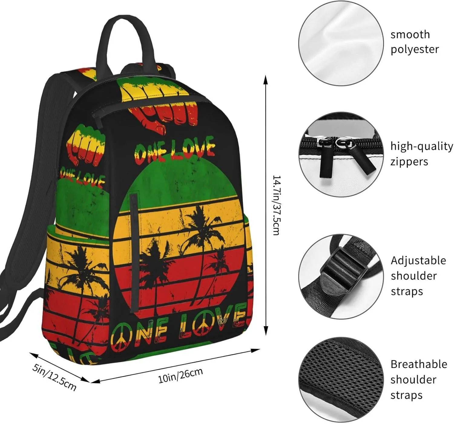 Fist One Loves Rasta Reggae Jamaica Roots Casual Backpacks Laptop Backpack Outdoor Travel Rucksack Sport Carry-On Daypack Lightweight Bag with Multi-Pockets
