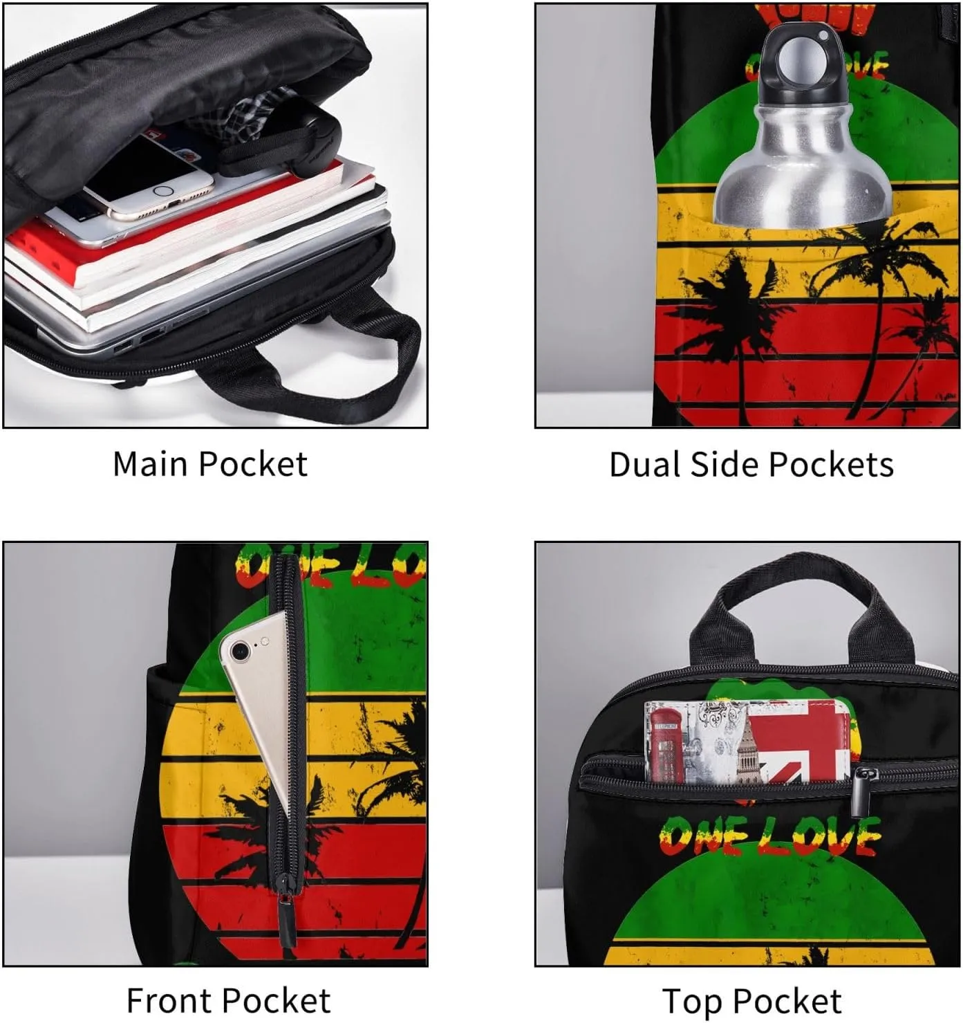 Fist One Loves Rasta Reggae Jamaica Roots Casual Backpacks Laptop Backpack Outdoor Travel Rucksack Sport Carry-On Daypack Lightweight Bag with Multi-Pockets