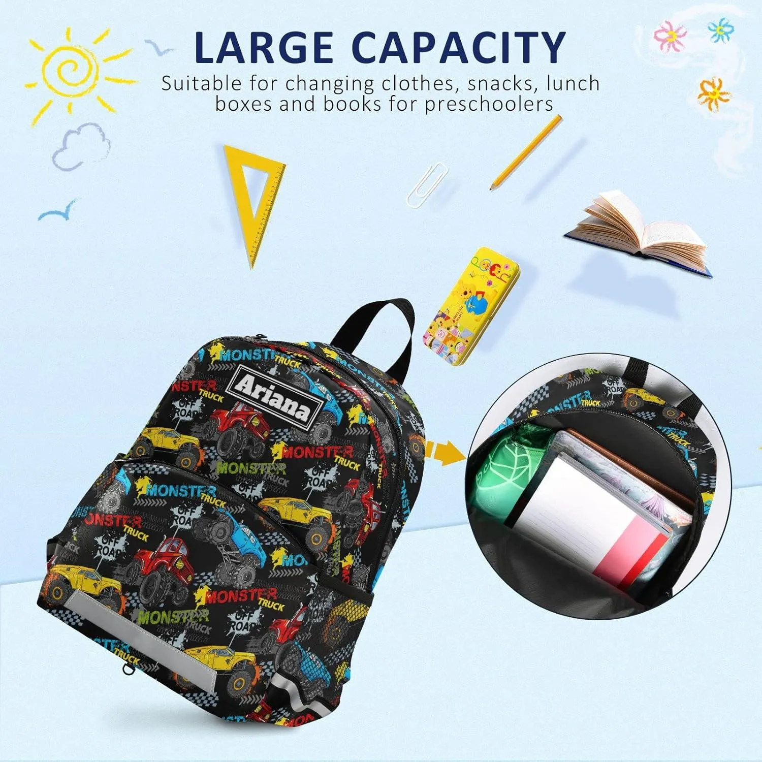 Fisyme Monster Truck Car Colorful Custom Toddler Backpack Schoolbag Kids Daypack Travel School Bag Personalized Backpacks for Kindergarten Preschool Nursery Children Boys Girls with Chest Strap