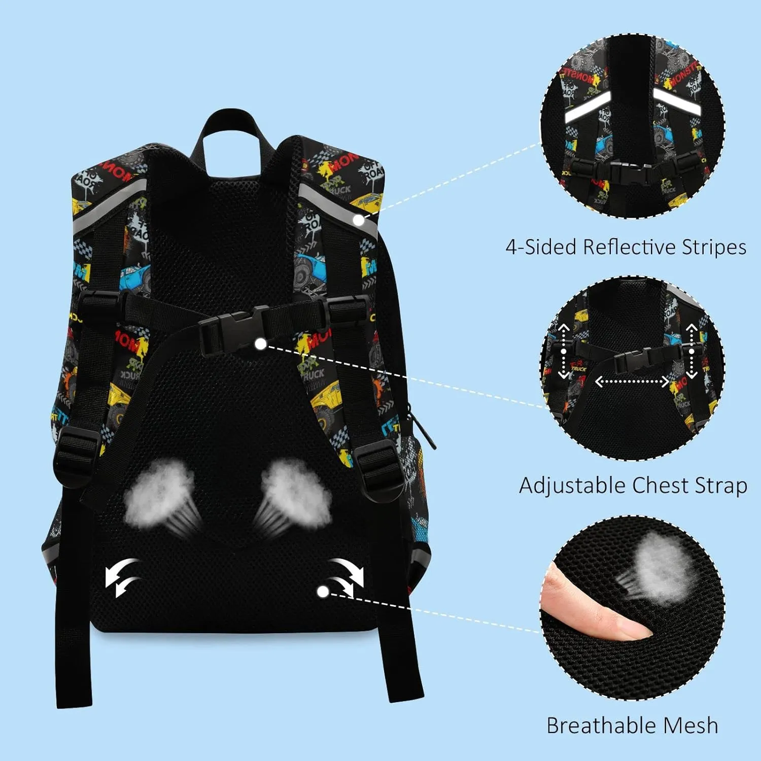 Fisyme Monster Truck Car Colorful Custom Toddler Backpack Schoolbag Kids Daypack Travel School Bag Personalized Backpacks for Kindergarten Preschool Nursery Children Boys Girls with Chest Strap
