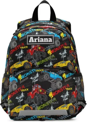 Fisyme Monster Truck Car Colorful Custom Toddler Backpack Schoolbag Kids Daypack Travel School Bag Personalized Backpacks for Kindergarten Preschool Nursery Children Boys Girls with Chest Strap