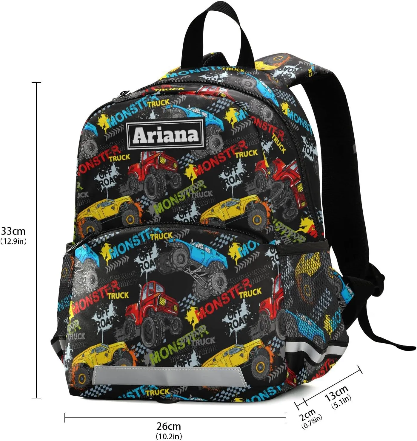 Fisyme Monster Truck Car Colorful Custom Toddler Backpack Schoolbag Kids Daypack Travel School Bag Personalized Backpacks for Kindergarten Preschool Nursery Children Boys Girls with Chest Strap