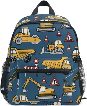 Fisyme Toddler Backpack Construction Cars Blue School Bag Kids Backpacks for Kindergarten Preschool Nursery Girls Boys, M