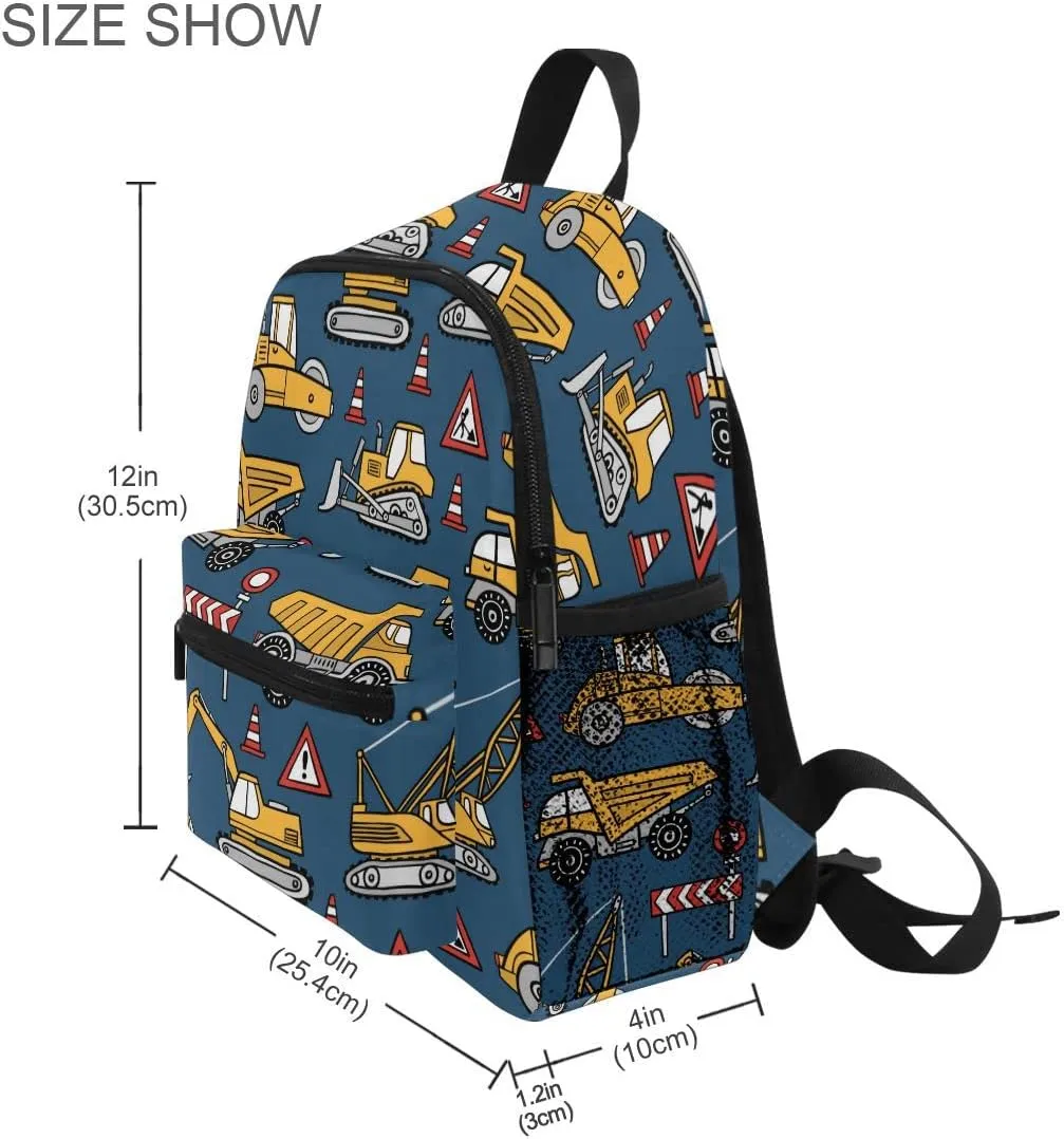Fisyme Toddler Backpack Construction Cars Blue School Bag Kids Backpacks for Kindergarten Preschool Nursery Girls Boys, M