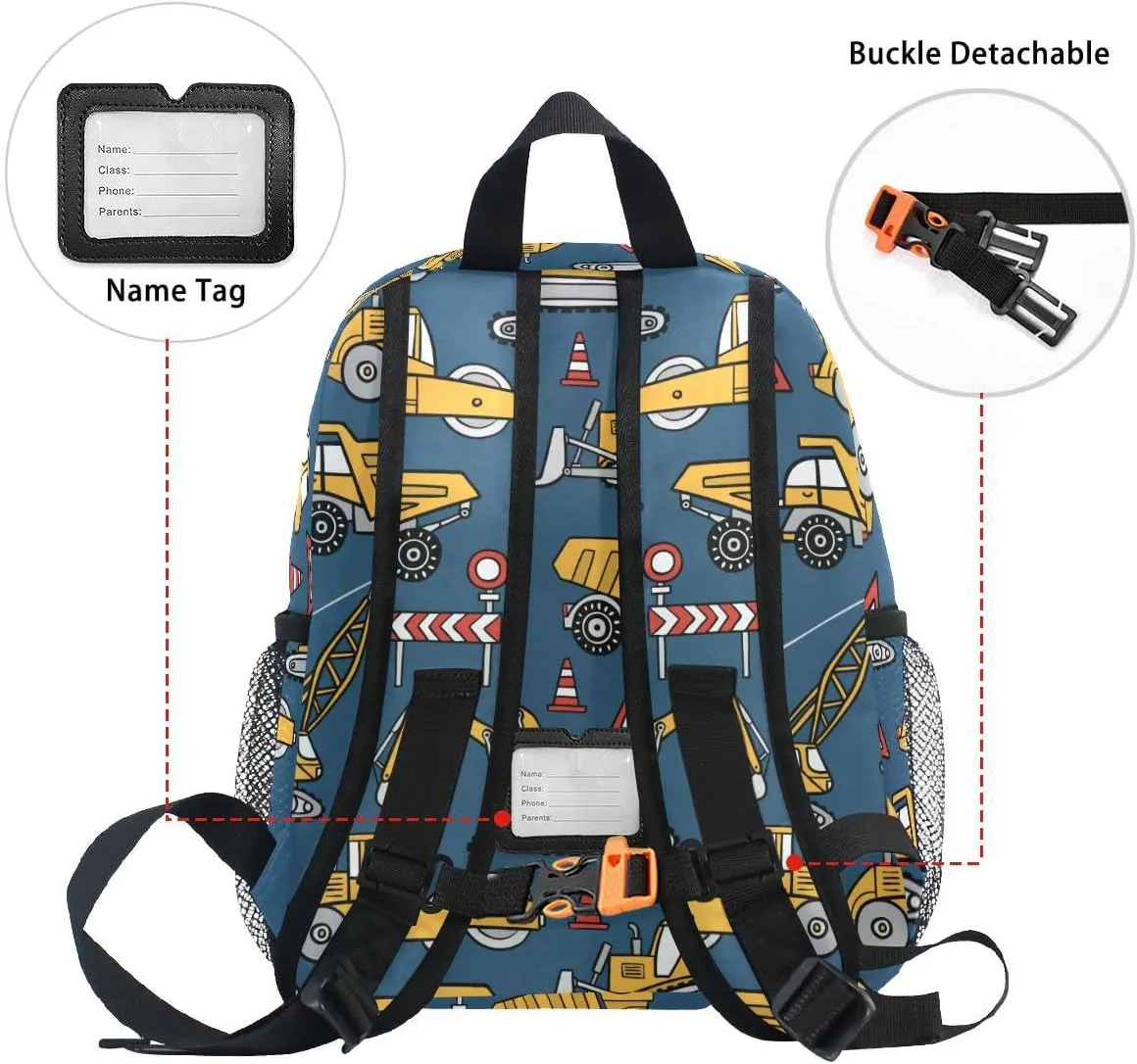 Fisyme Toddler Backpack Construction Cars Blue School Bag Kids Backpacks for Kindergarten Preschool Nursery Girls Boys, M