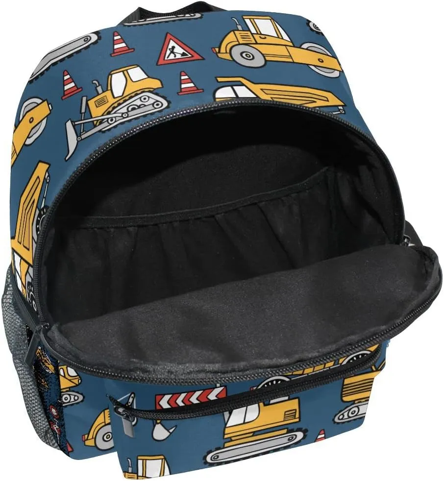 Fisyme Toddler Backpack Construction Cars Blue School Bag Kids Backpacks for Kindergarten Preschool Nursery Girls Boys, M