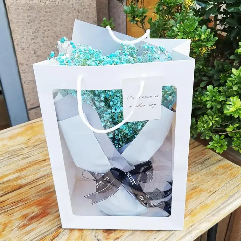 Floral Gift Bags 50PCS 2Sizes Pink/White Clear Window