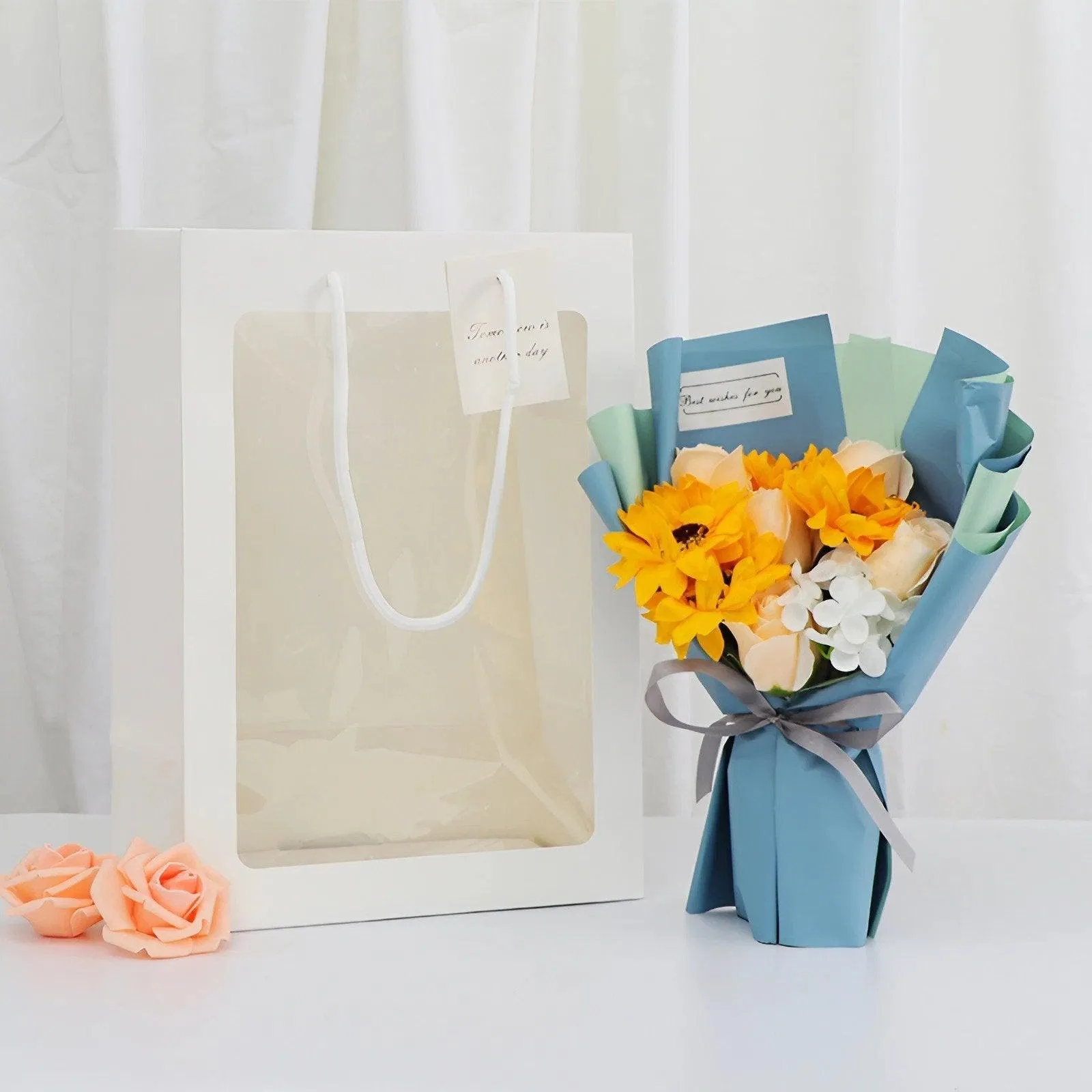 Floral Gift Bags 50PCS 2Sizes Pink/White Clear Window