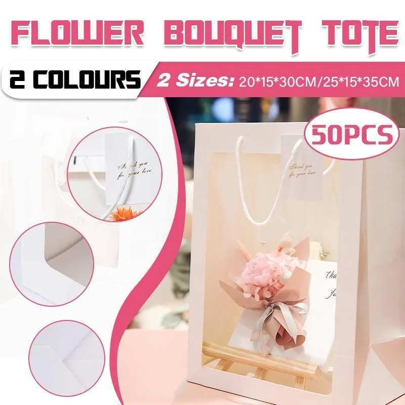 Floral Gift Bags 50PCS 2Sizes Pink/White Clear Window