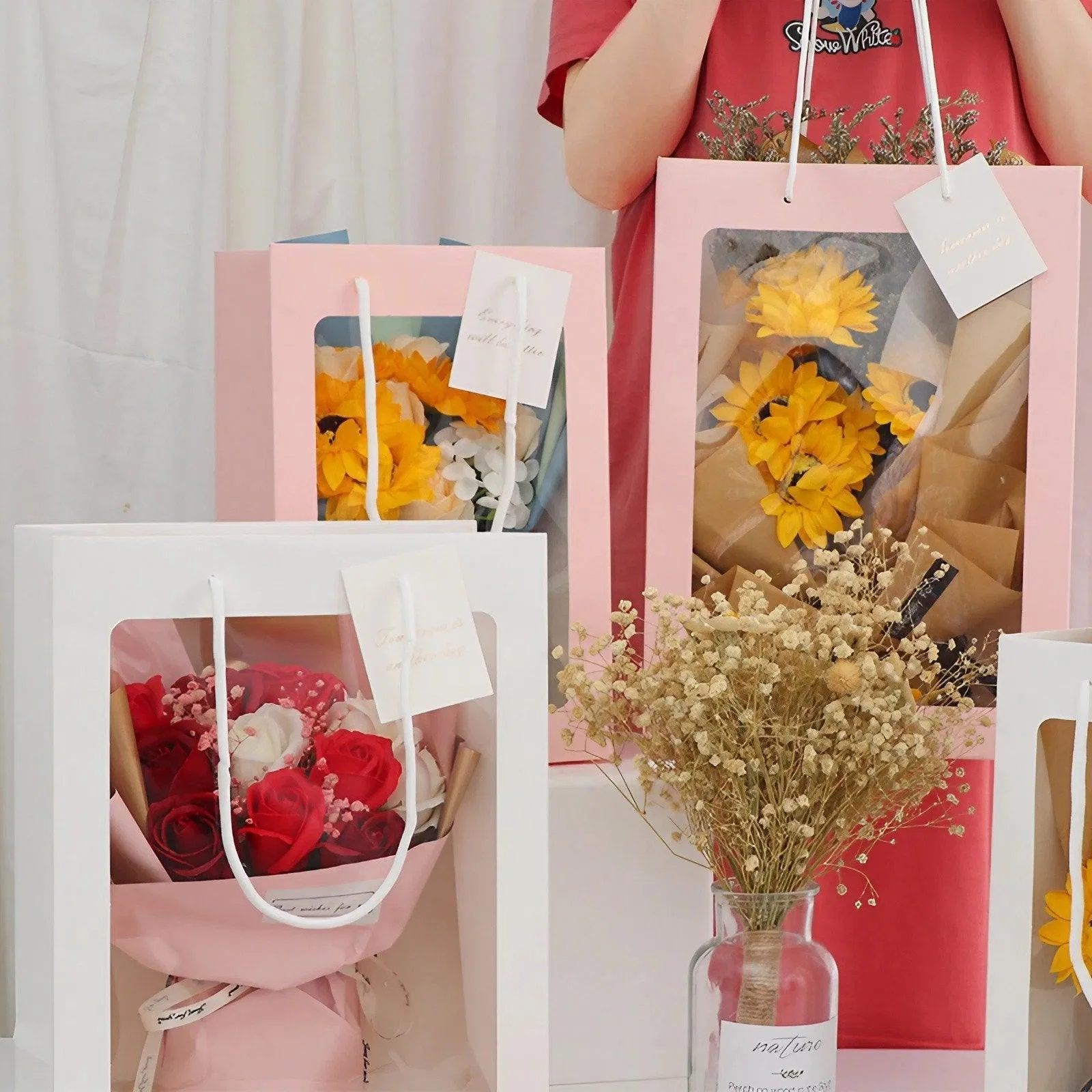 Floral Gift Bags 50PCS 2Sizes Pink/White Clear Window