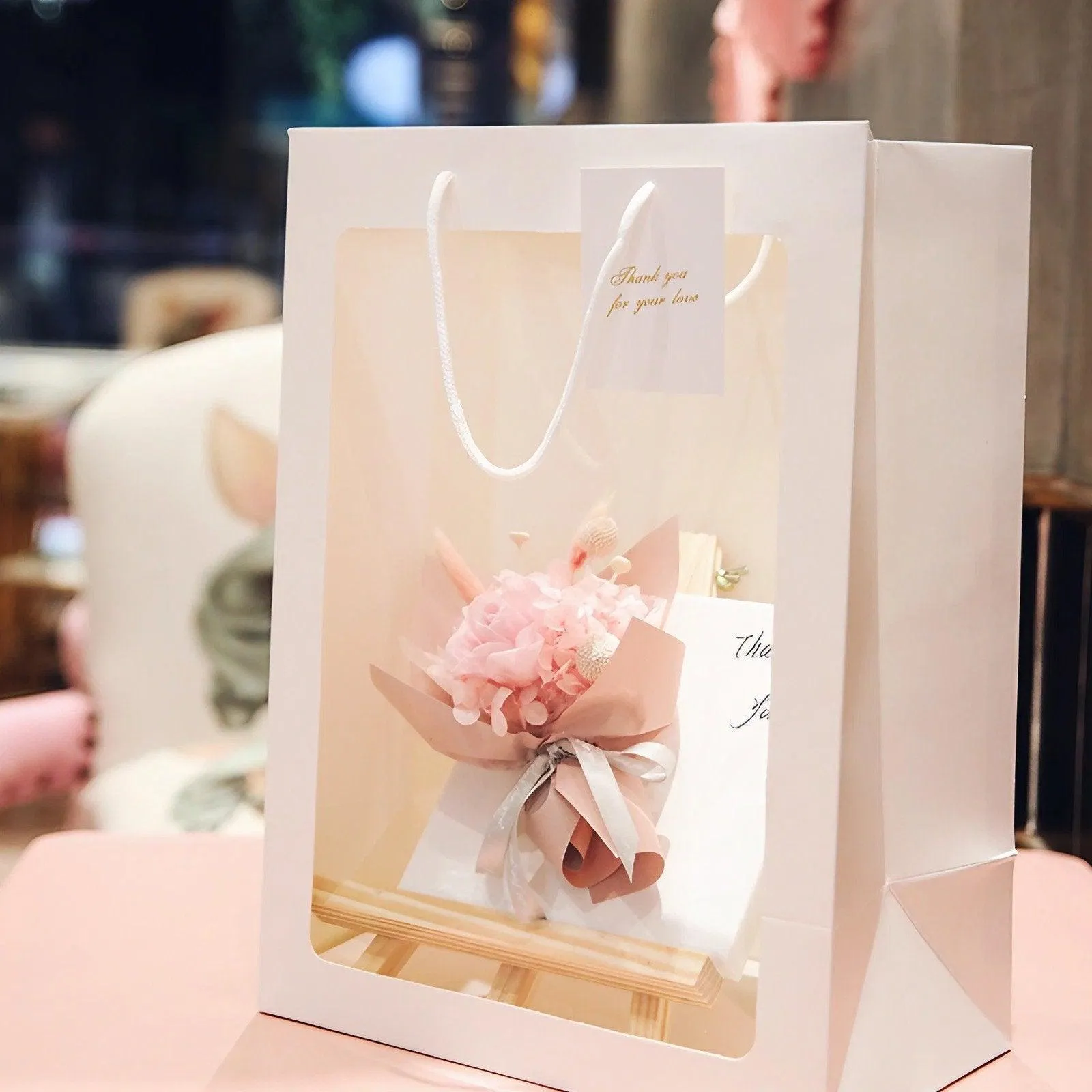 Floral Gift Bags 50PCS 2Sizes Pink/White Clear Window