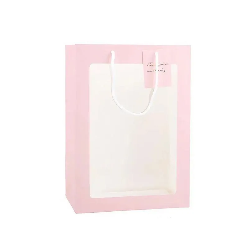 Floral Gift Bags 50PCS 2Sizes Pink/White Clear Window