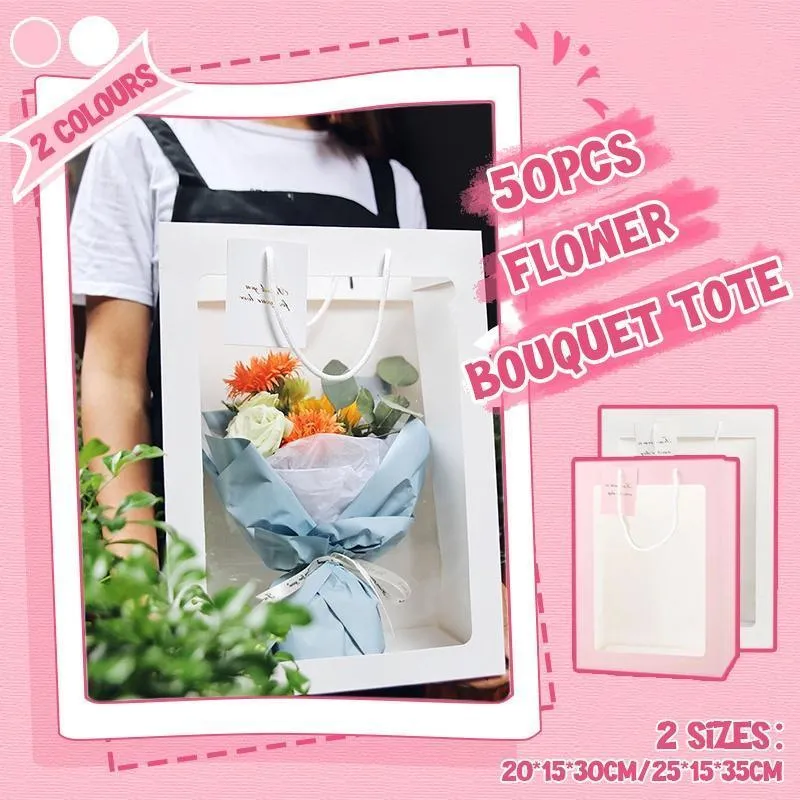 Floral Gift Bags 50PCS 2Sizes Pink/White Clear Window