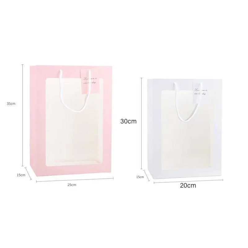 Floral Gift Bags 50PCS 2Sizes Pink/White Clear Window