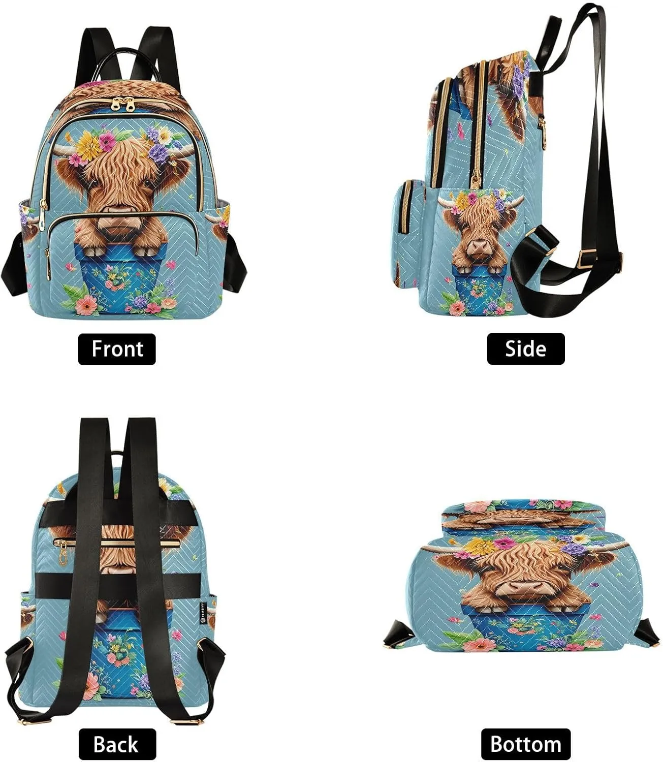 Floral Highland Cow Blue Backpack Purse for Women Fashion Backpack Handbags with Anti-theft Back for Ladies Hiking M