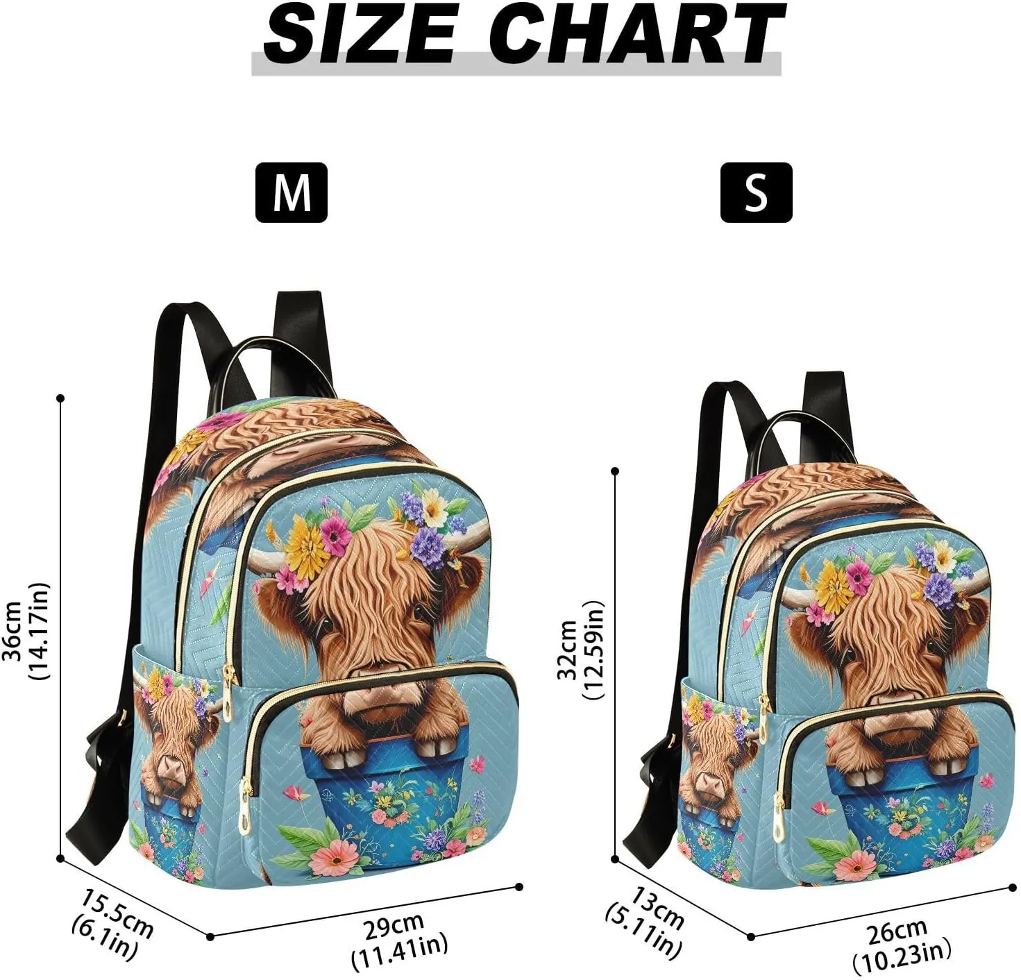 Floral Highland Cow Blue Backpack Purse for Women Fashion Backpack Handbags with Anti-theft Back for Ladies Hiking M