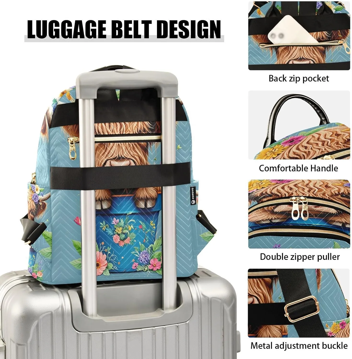 Floral Highland Cow Blue Backpack Purse for Women Fashion Backpack Handbags with Anti-theft Back for Ladies Hiking M