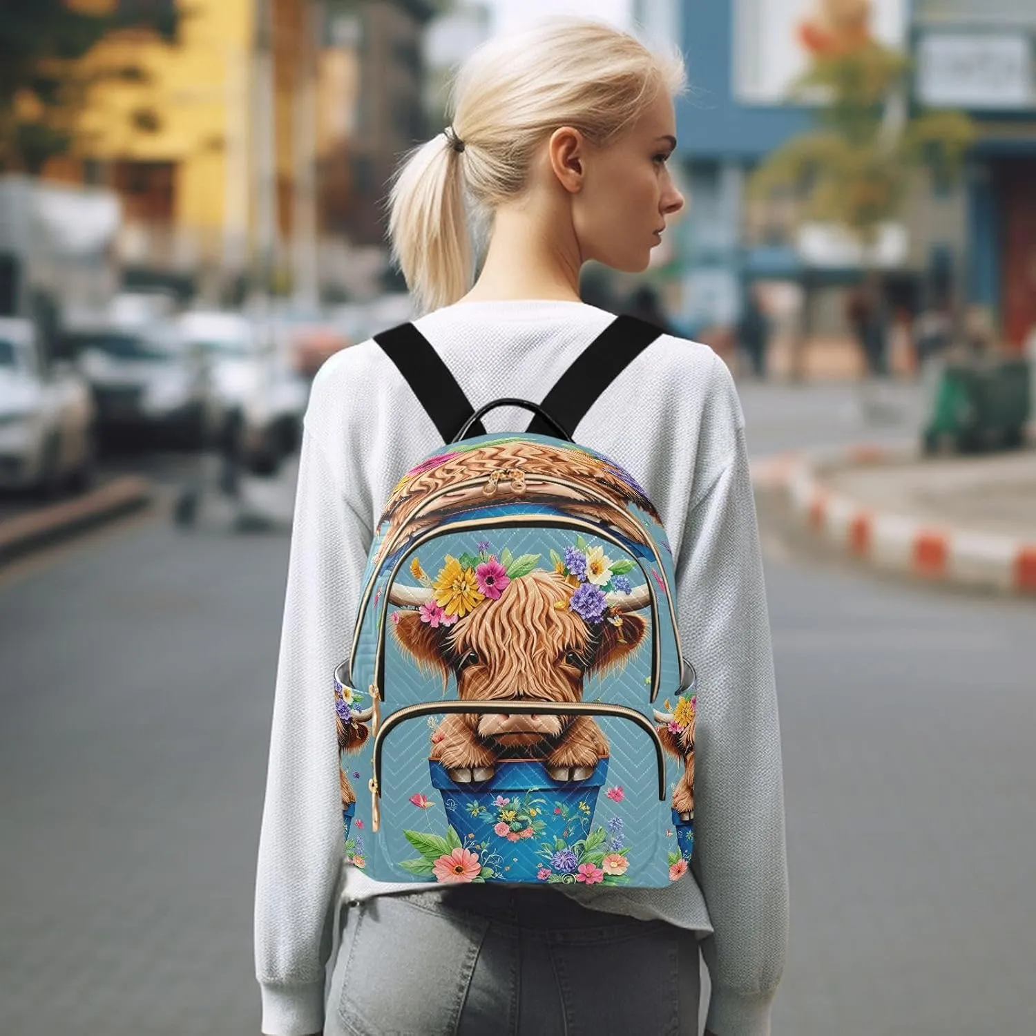Floral Highland Cow Blue Backpack Purse for Women Fashion Backpack Handbags with Anti-theft Back for Ladies Hiking M