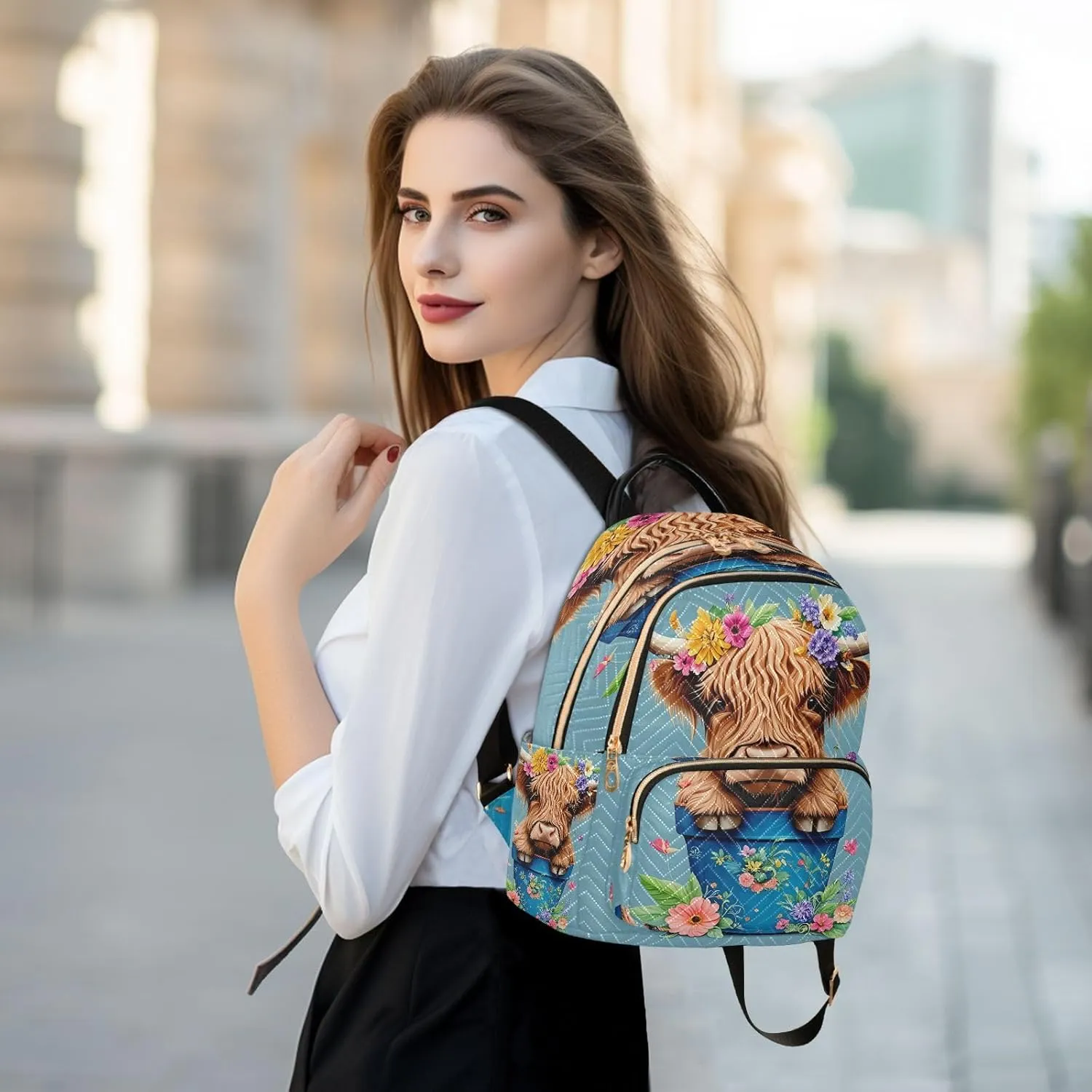 Floral Highland Cow Blue Backpack Purse for Women Fashion Backpack Handbags with Anti-theft Back for Ladies Hiking M