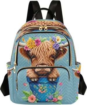 Floral Highland Cow Blue Backpack Purse for Women Fashion Backpack Handbags with Anti-theft Back for Ladies Hiking M